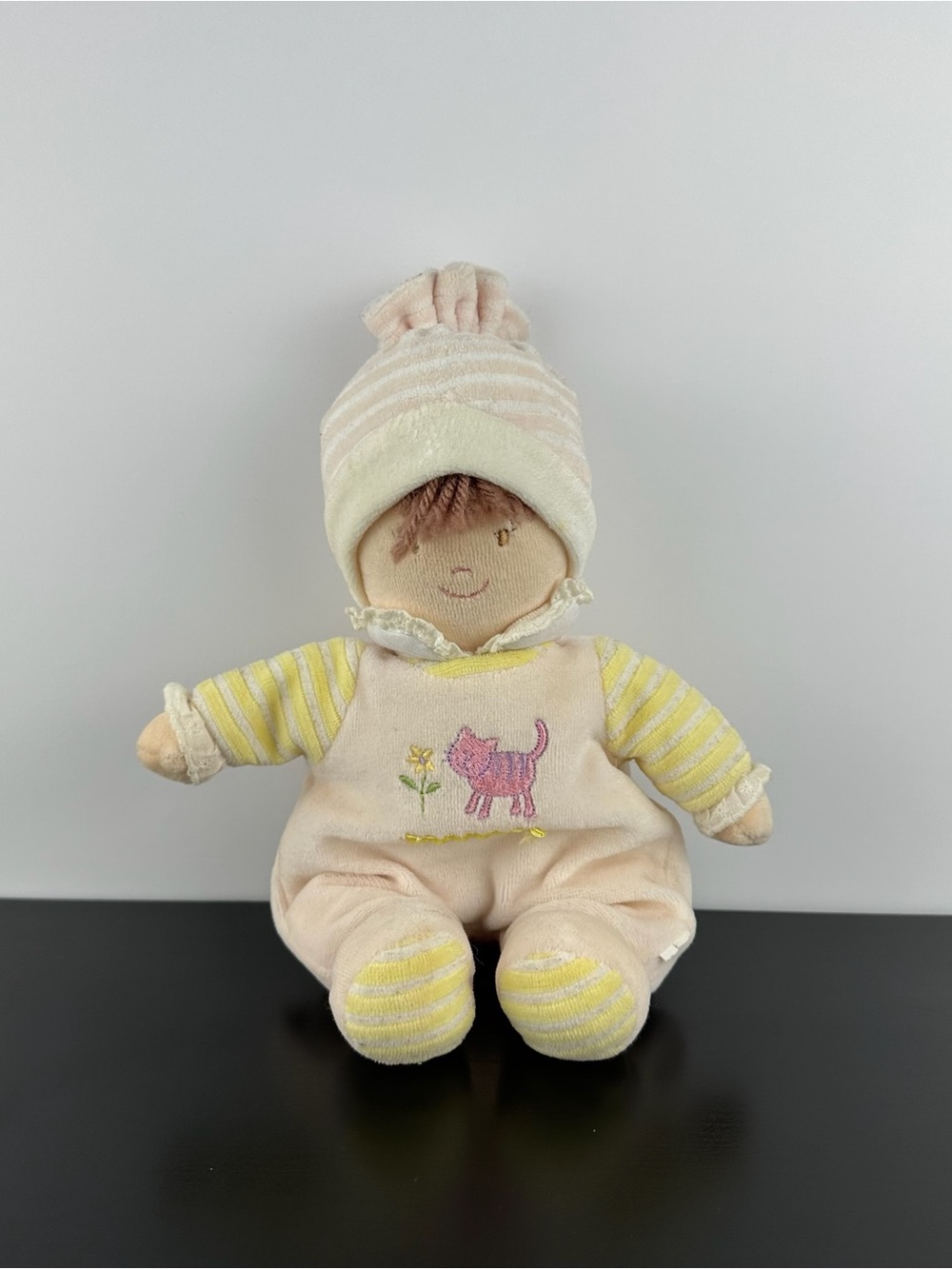 Russ Berrie Rare Baby Girl Doll 11” Plush Pink Cat & Daisy Flower Pajamas Rattle
